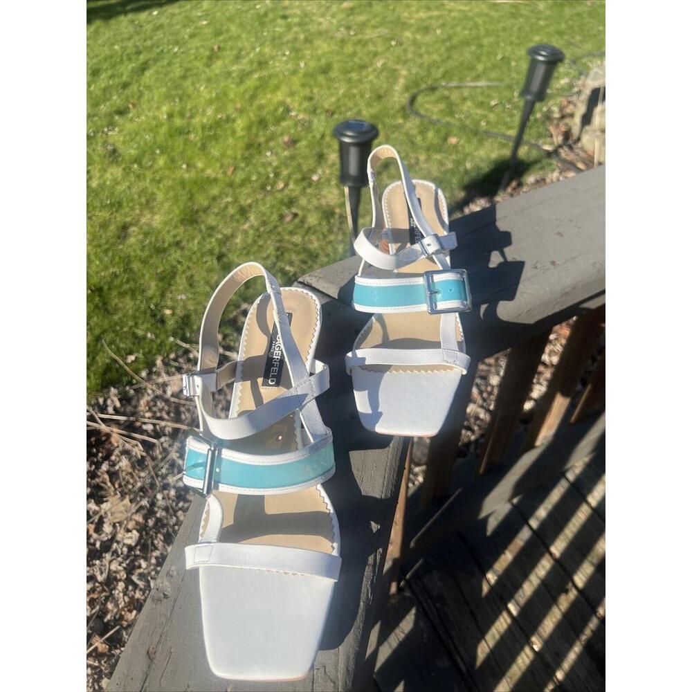 Vintage LAGERFELD Maja Open Toe Slingback Sandal Wo's 10M White Lthr Blue